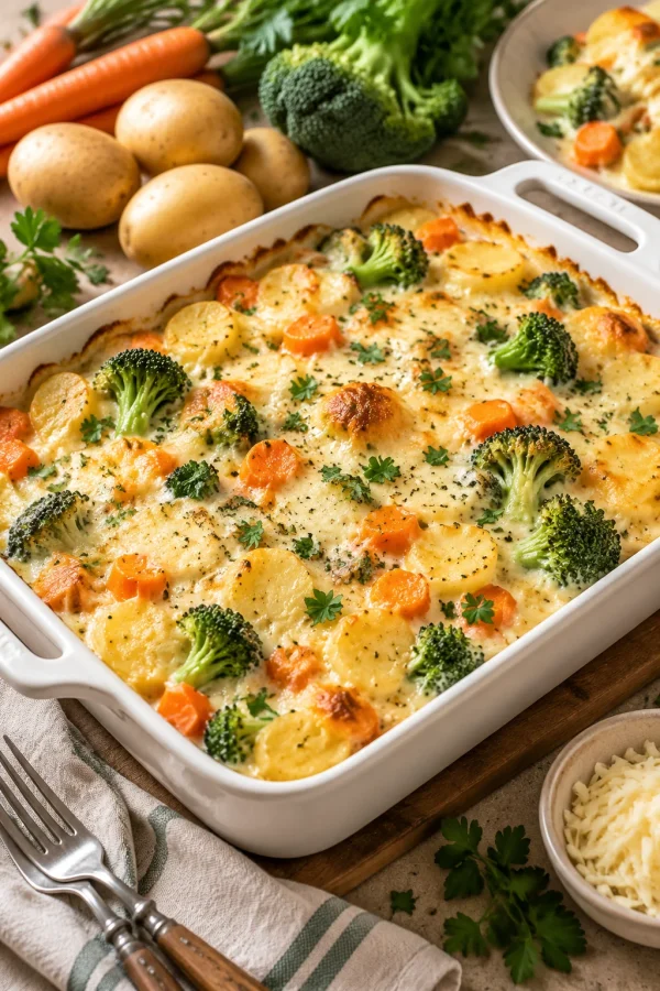 Leckerer Kartoffelauflauf mit Brokkoli und Möhren