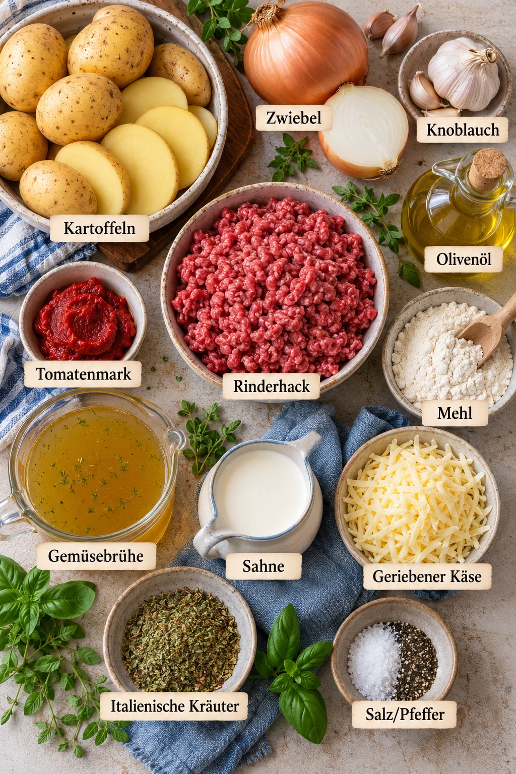 Beschriftete Zutaten für Kartoffelauflauf mit Hackfleisch.