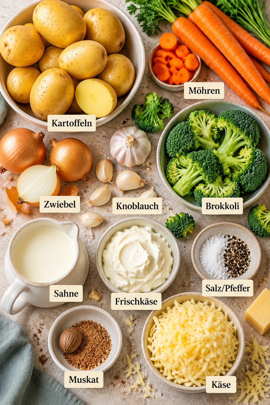 Beschriftete Zutaten für Kartoffelauflauf