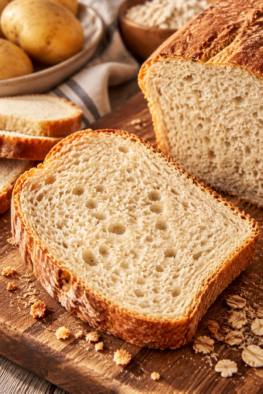 Nahaufnahme von einem Stück Kartoffelbrot mit goldener Kruste.
