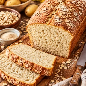Frisch gebackenes Kartoffelbrot auf einem Tisch mit Zutaten.