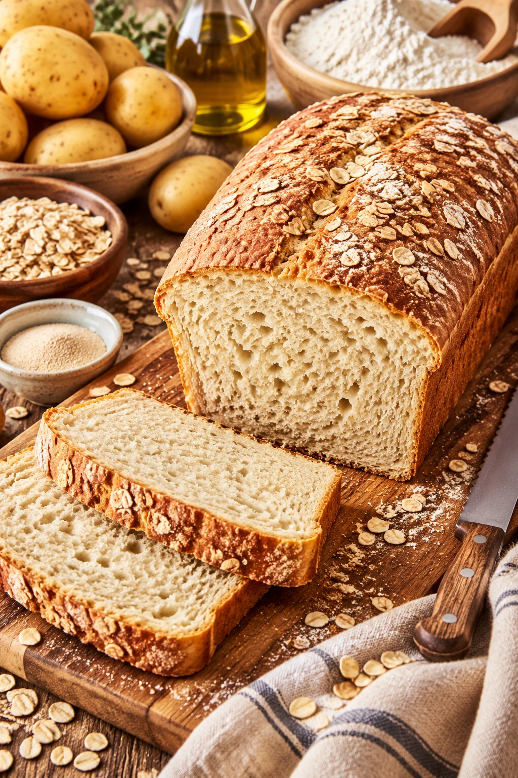 Frisch gebackenes Kartoffelbrot auf einem Tisch mit Zutaten.