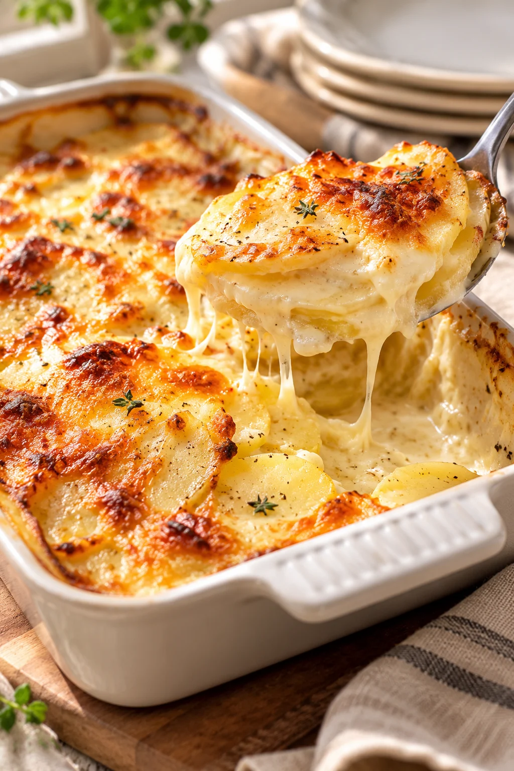 Nahaufnahme eines cremigen Kartoffelgratins mit goldbrauner Käsekruste beim Servieren