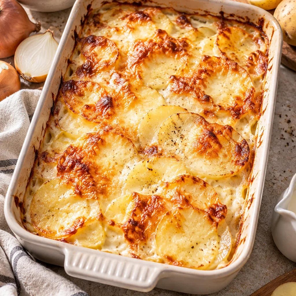 Cremiges Kartoffelgratin mit goldbrauner Käsekruste in einer Auflaufform