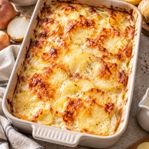 Cremiges Kartoffelgratin mit goldbrauner Käsekruste in einer Auflaufform