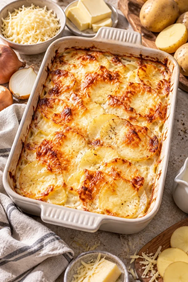 Cremiges Kartoffelgratin mit goldbrauner Käsekruste in einer Auflaufform