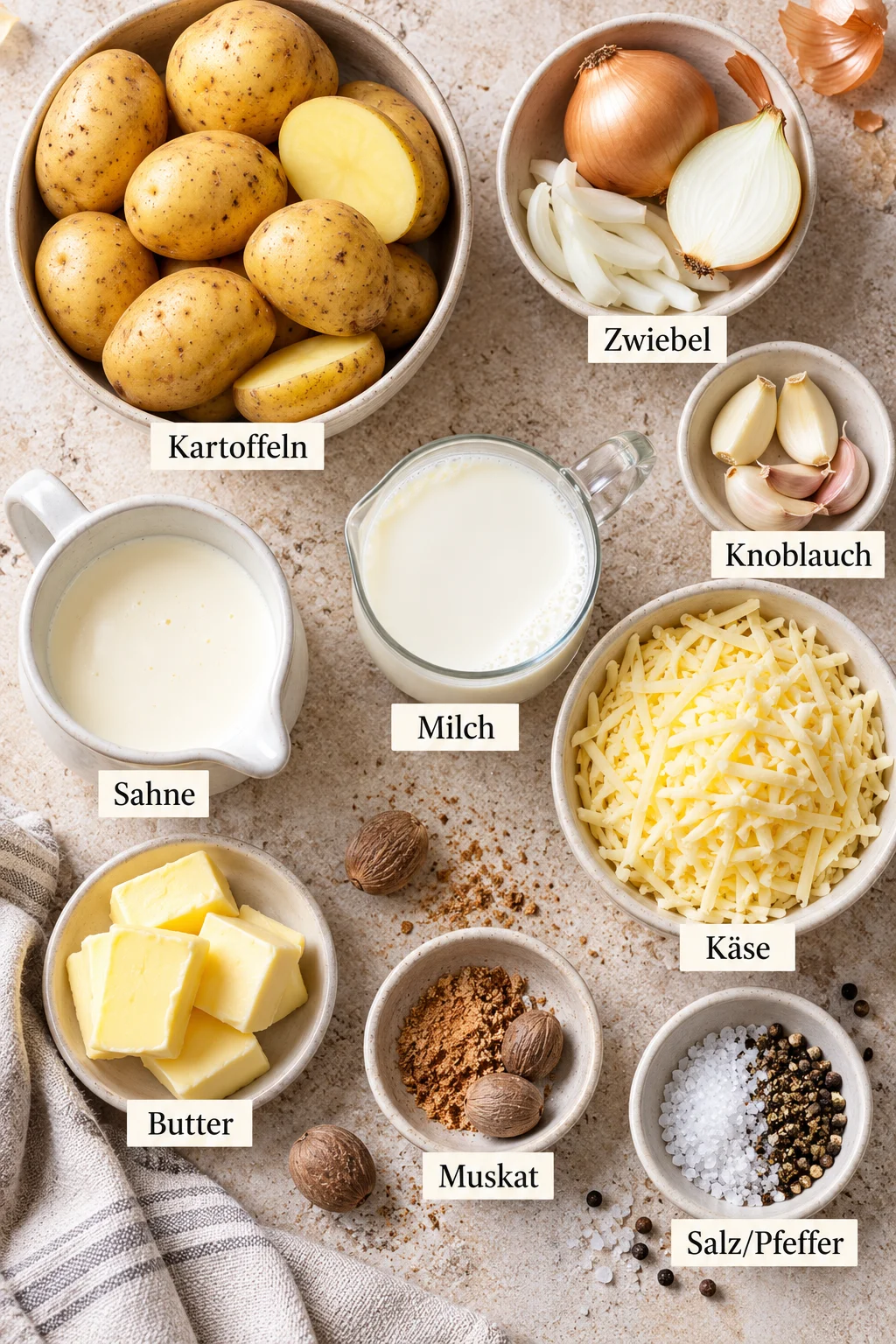 Beschriftete Zutaten für Kartoffelgratin: Kartoffeln, Zwiebel, Knoblauch, Sahne, Milch, Käse, Butter, Salz, Pfeffer, Muskat