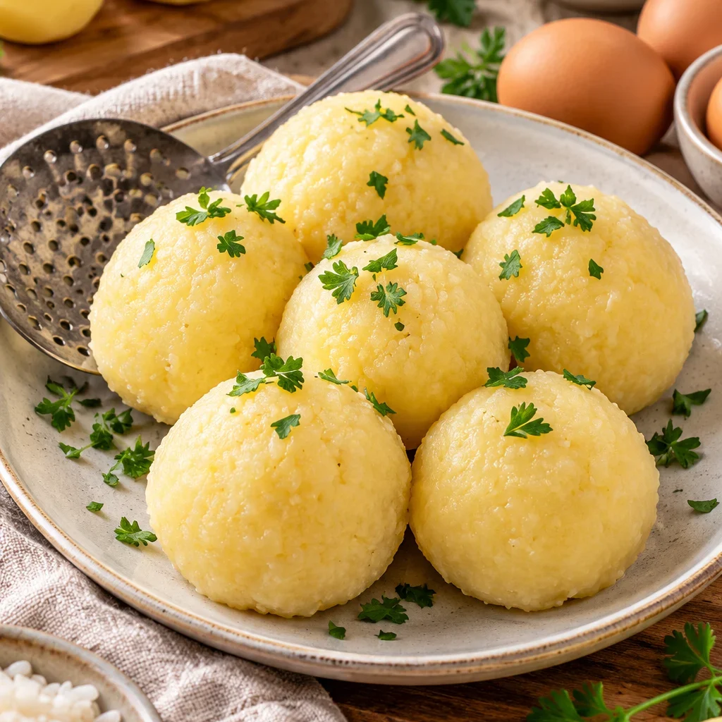 Kartoffelknödel auf einem Tisch mit frischen Zutaten