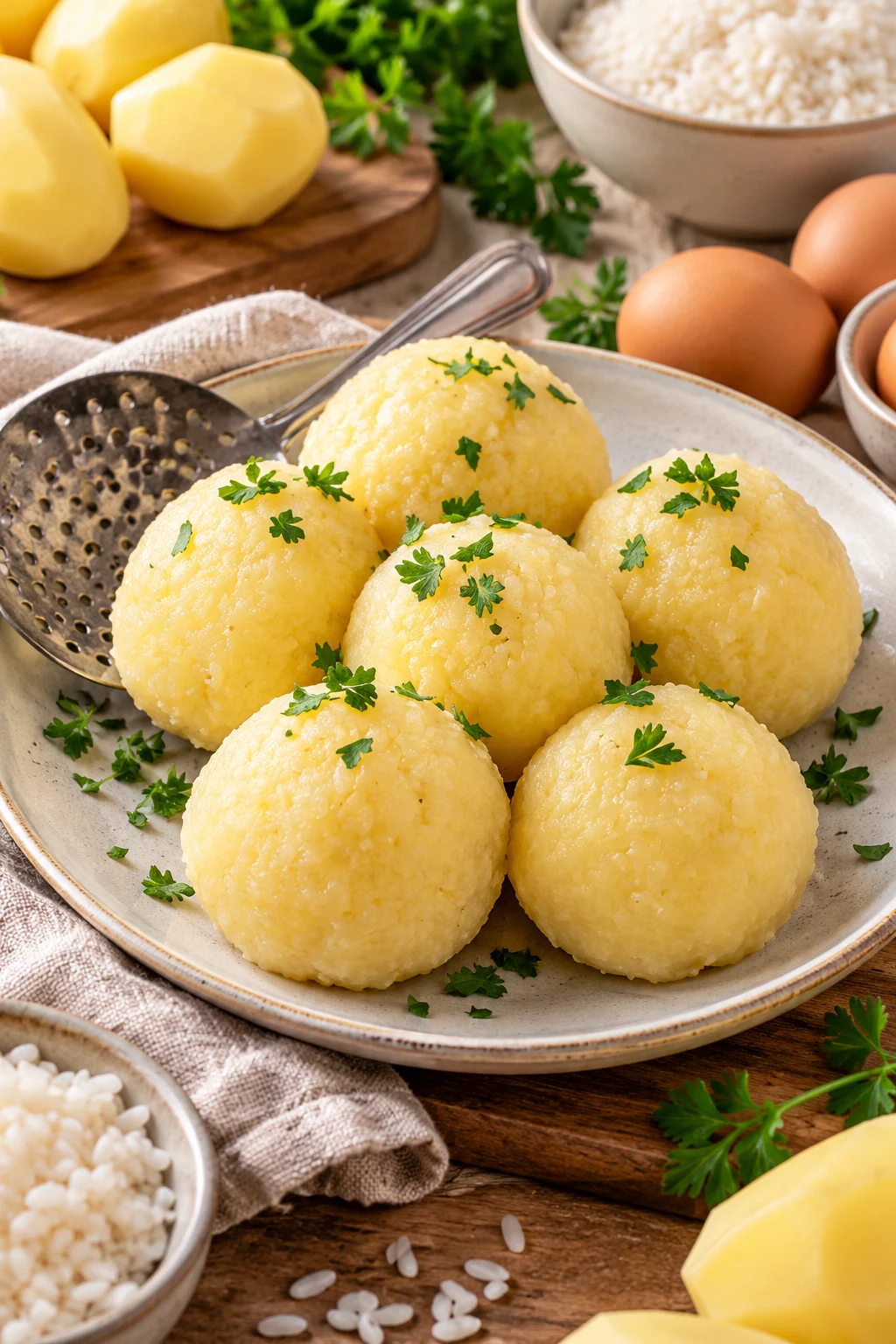Kartoffelknödel auf einem Tisch mit frischen Zutaten