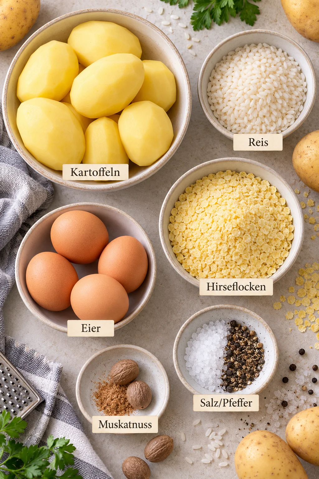 Beschriftete Zutaten für Kartoffelknödel