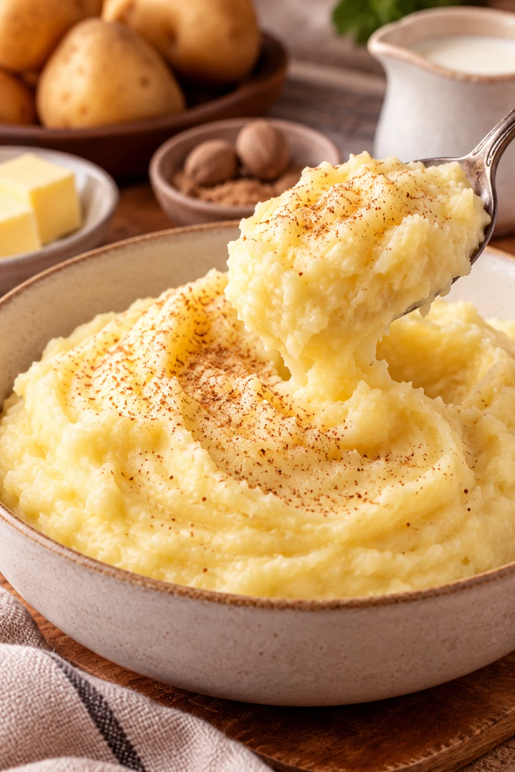 Nahaufnahme von cremigem Kartoffelpüree mit Muskatnuss.