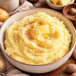 Kartoffelpüree serviert mit Butter und Muskatnuss.