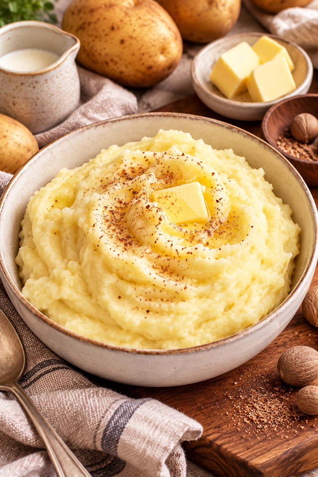 Kartoffelpüree serviert mit Butter und Muskatnuss.
