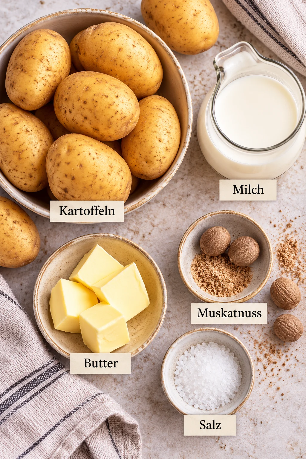 Beschriftete Zutaten für Kartoffelpüree: Kartoffeln, Salz, Milch, Butter und Muskatnuss.