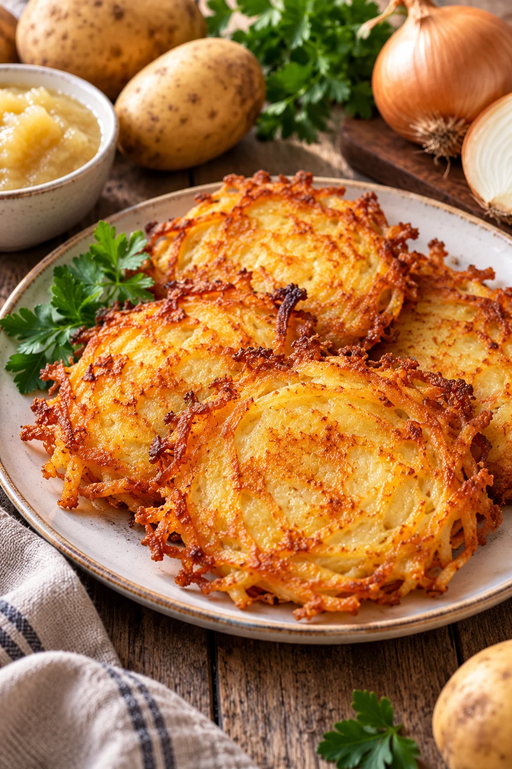 Knusprige Kartoffelpuffer auf einem Teller, serviert am Küchentisch.