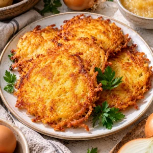 Leckere Kartoffelpuffer auf einem Teller, umgeben von frischen Zutaten.