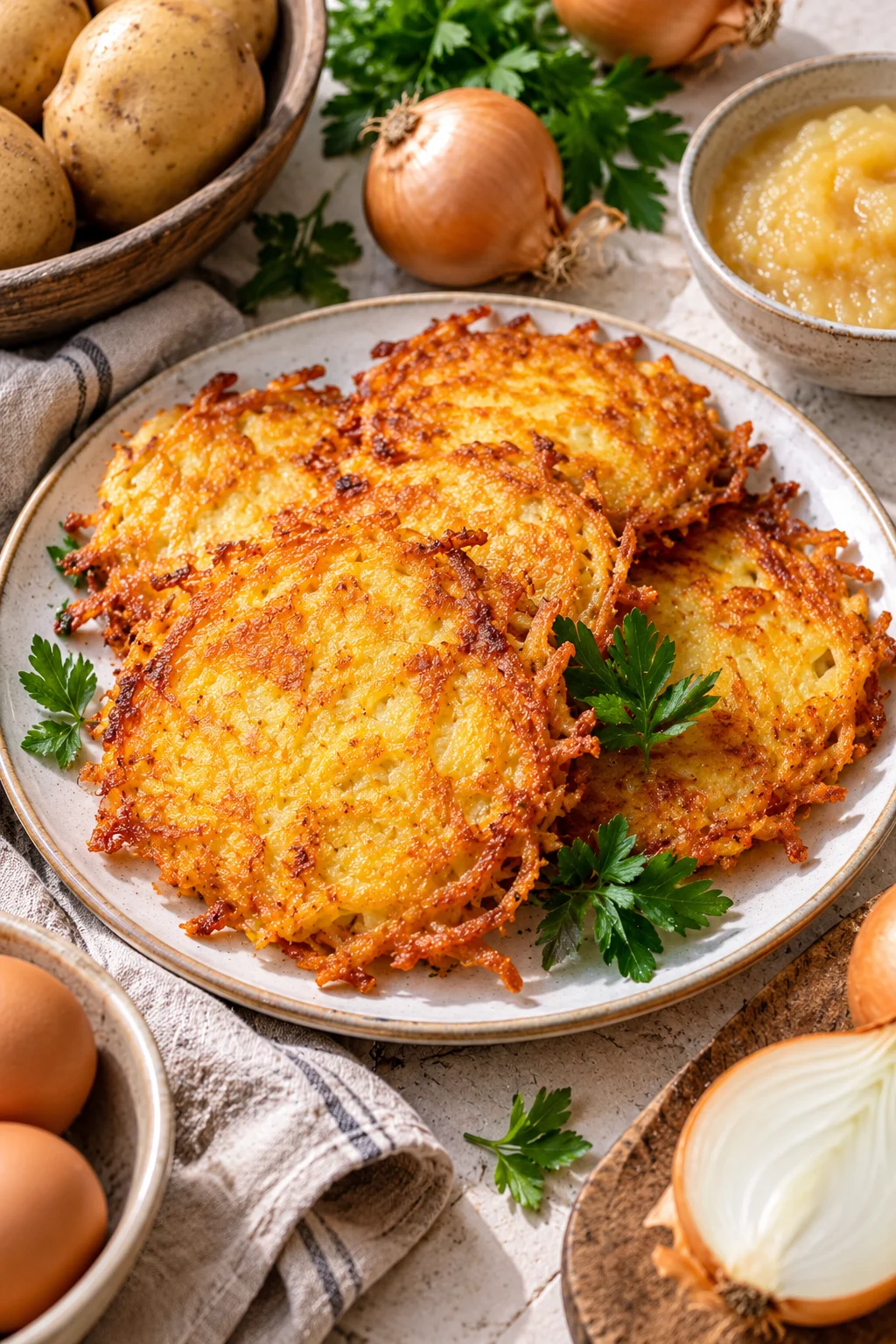 Leckere Kartoffelpuffer auf einem Teller, umgeben von frischen Zutaten.