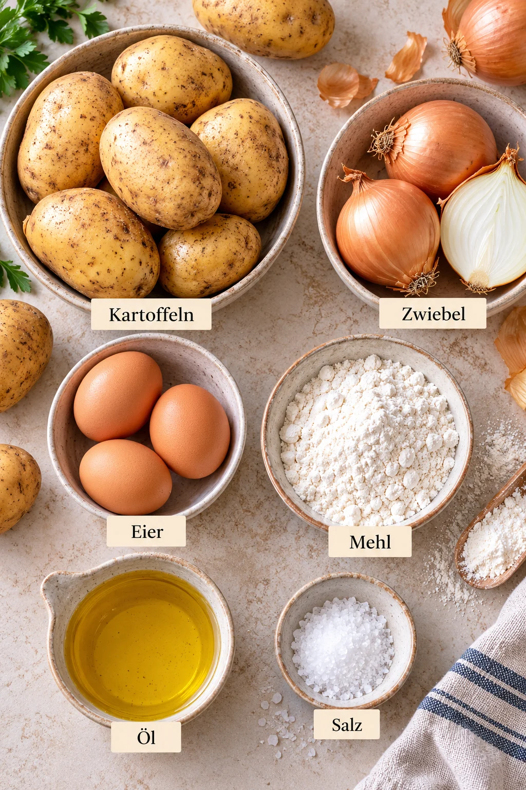 Beschriftete Zutaten für Kartoffelpuffer: Kartoffeln, Zwiebel, Eier, Mehl, Salz, Öl.