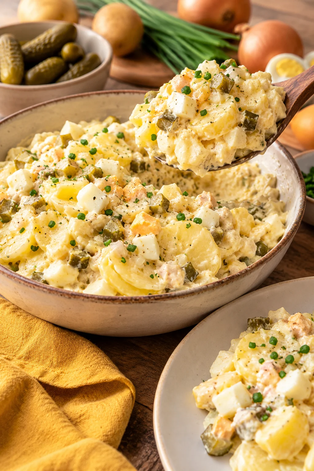 Kartoffelsalat mit Mayo wird serviert.