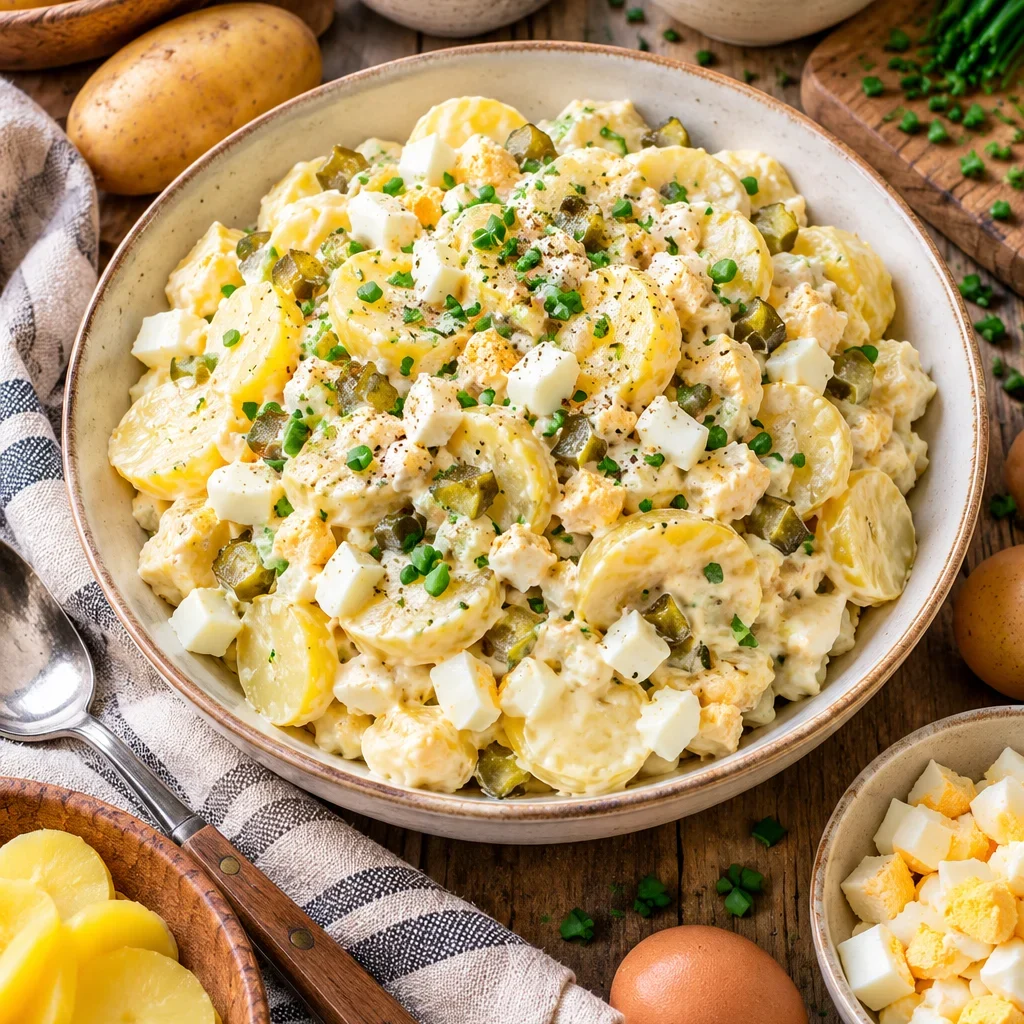 Leckerer Kartoffelsalat mit Mayo auf einem Tisch.