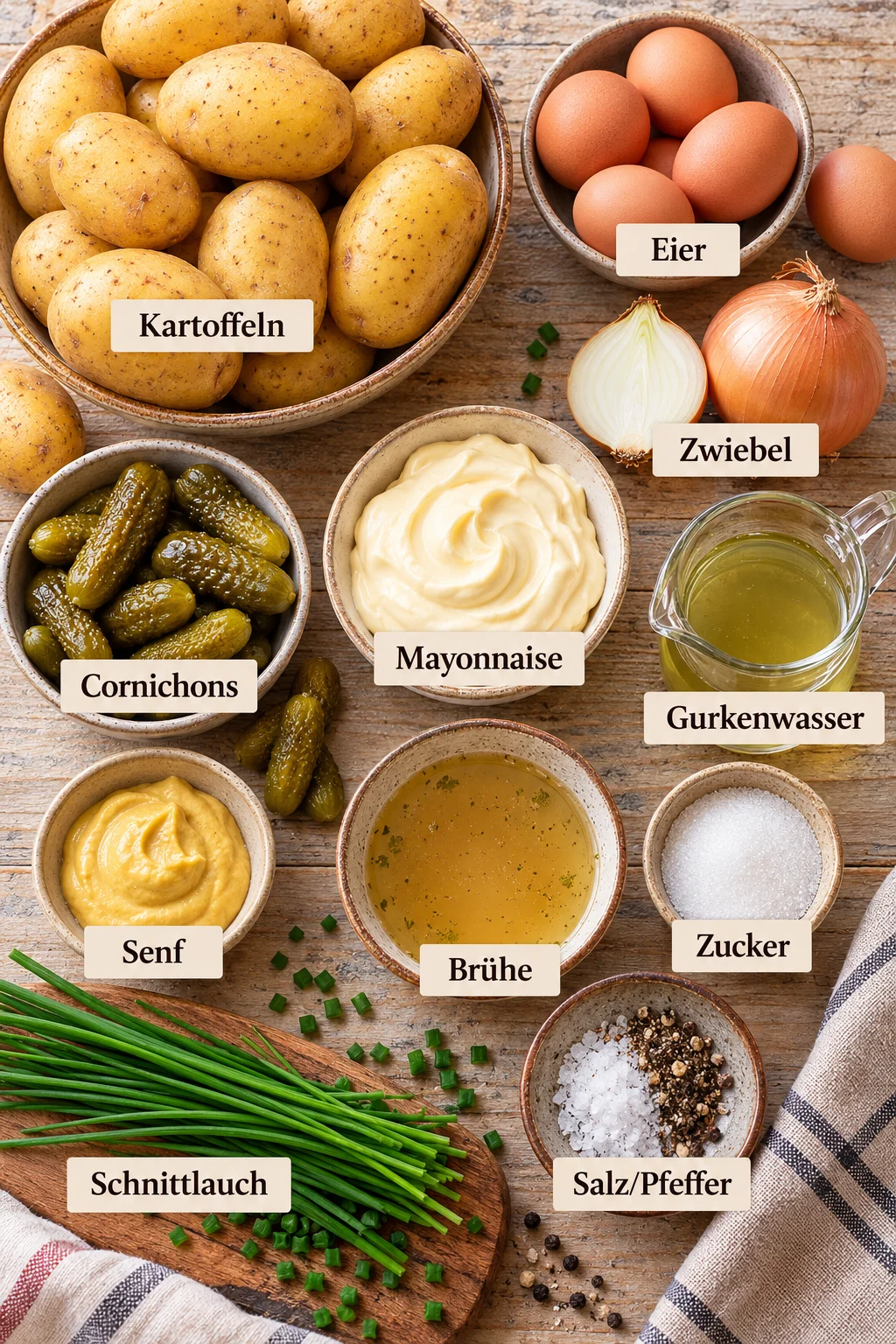 Beschriftete Zutaten für Kartoffelsalat mit Mayo.
