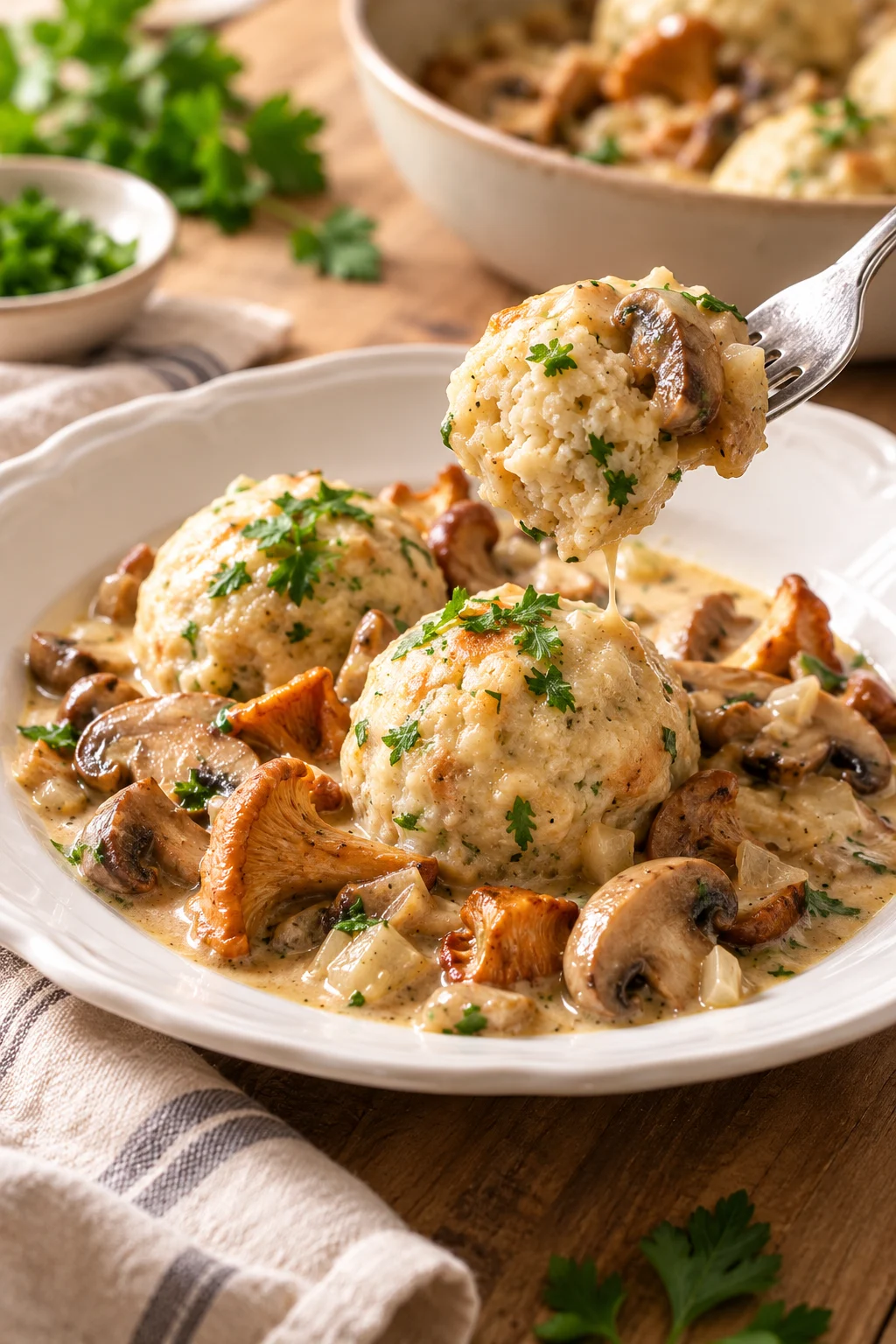 Nahaufnahme von Knödel mit cremiger Pilzsauce auf einer Gabel