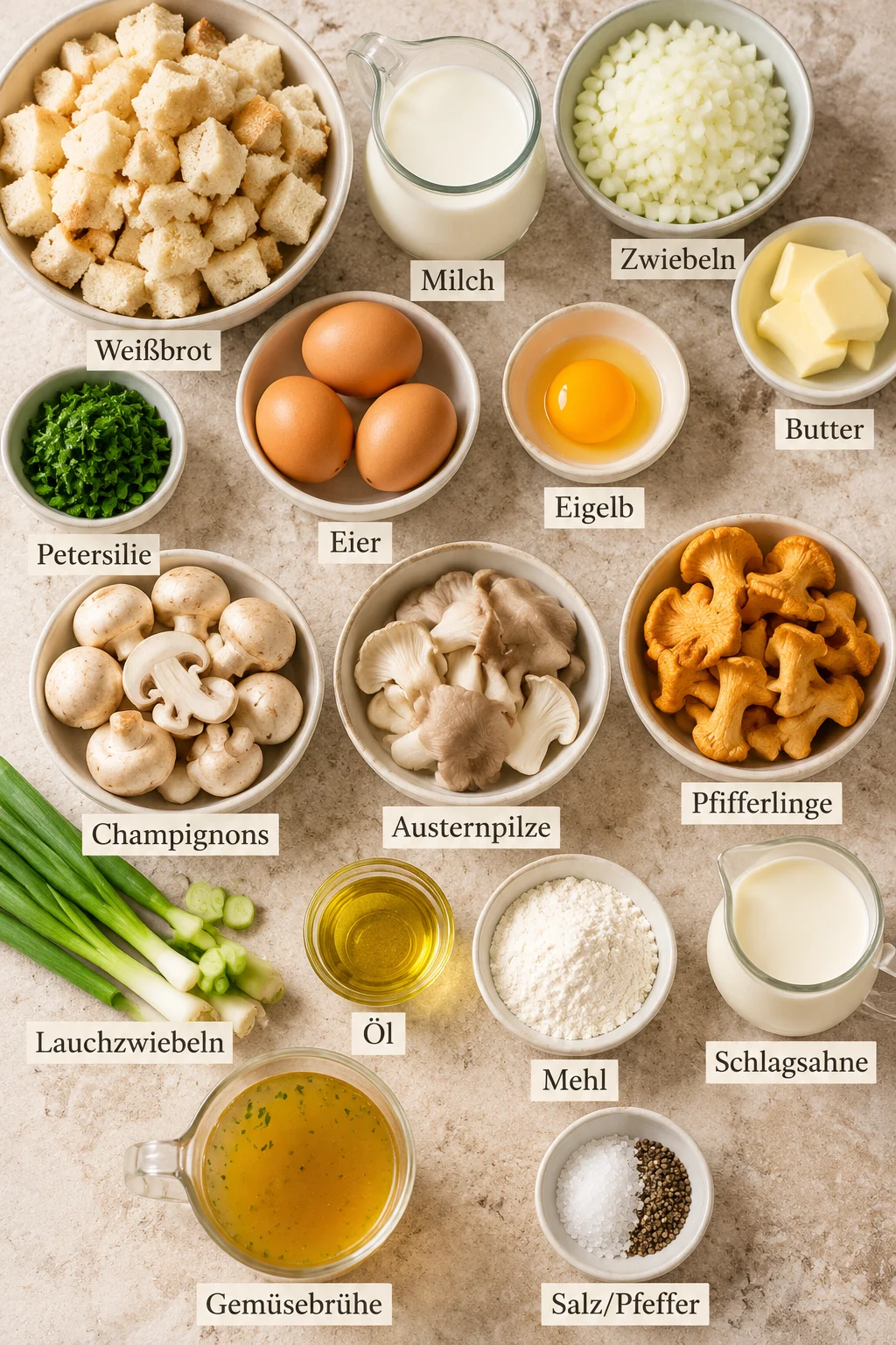Beschriftete Zutaten für Knödel mit Pilzsauce auf hellem Untergrund