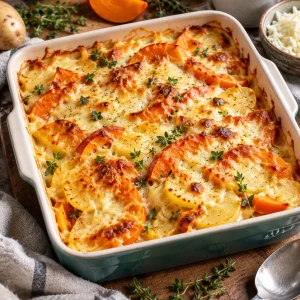Kürbis-Kartoffel-Auflauf mit Hokkaido und Käse