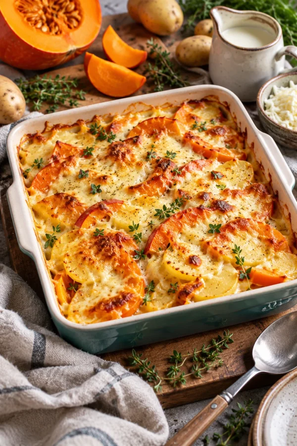 Kürbis-Kartoffel-Auflauf mit Hokkaido und Käse