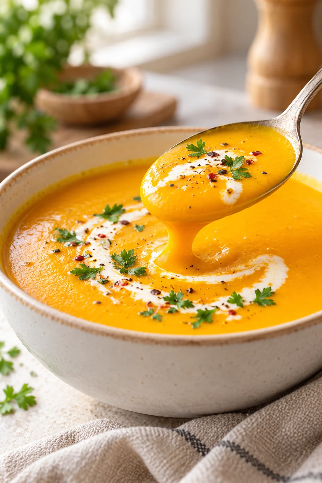 Nahaufnahme von cremiger Kürbissuppe aus Hokkaido mit Sahne und Petersilie