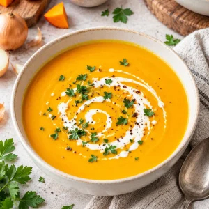 Cremige Kürbissuppe aus Hokkaido in weißer Schale mit Petersilie garniert