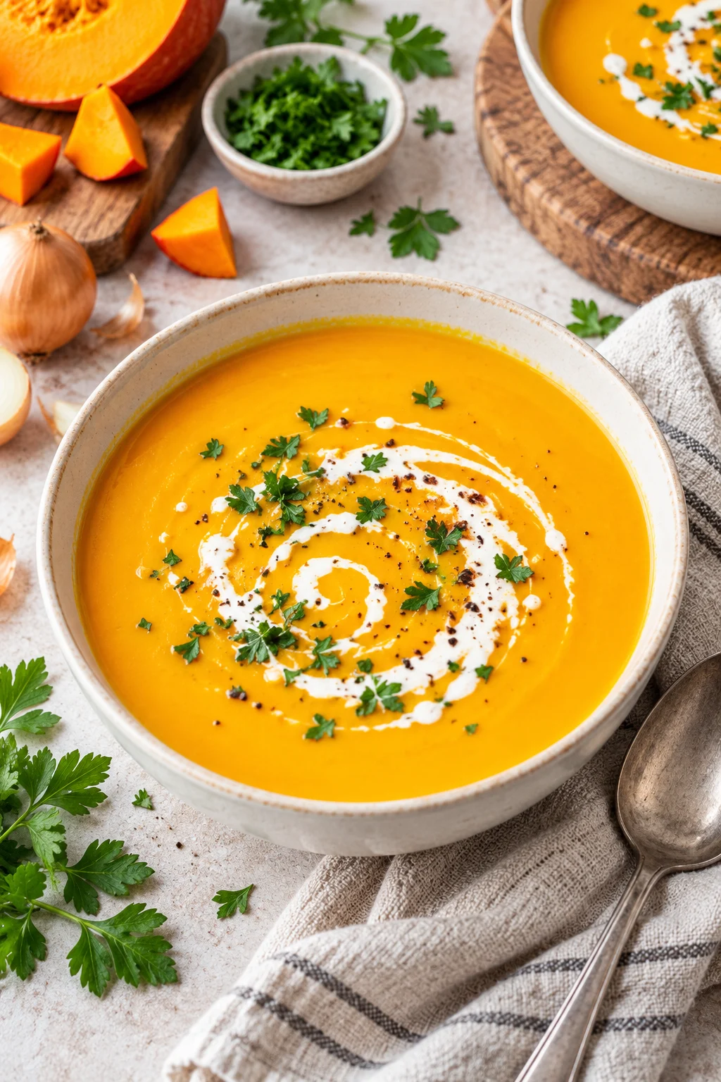 Cremige Kürbissuppe aus Hokkaido in weißer Schale mit Petersilie garniert