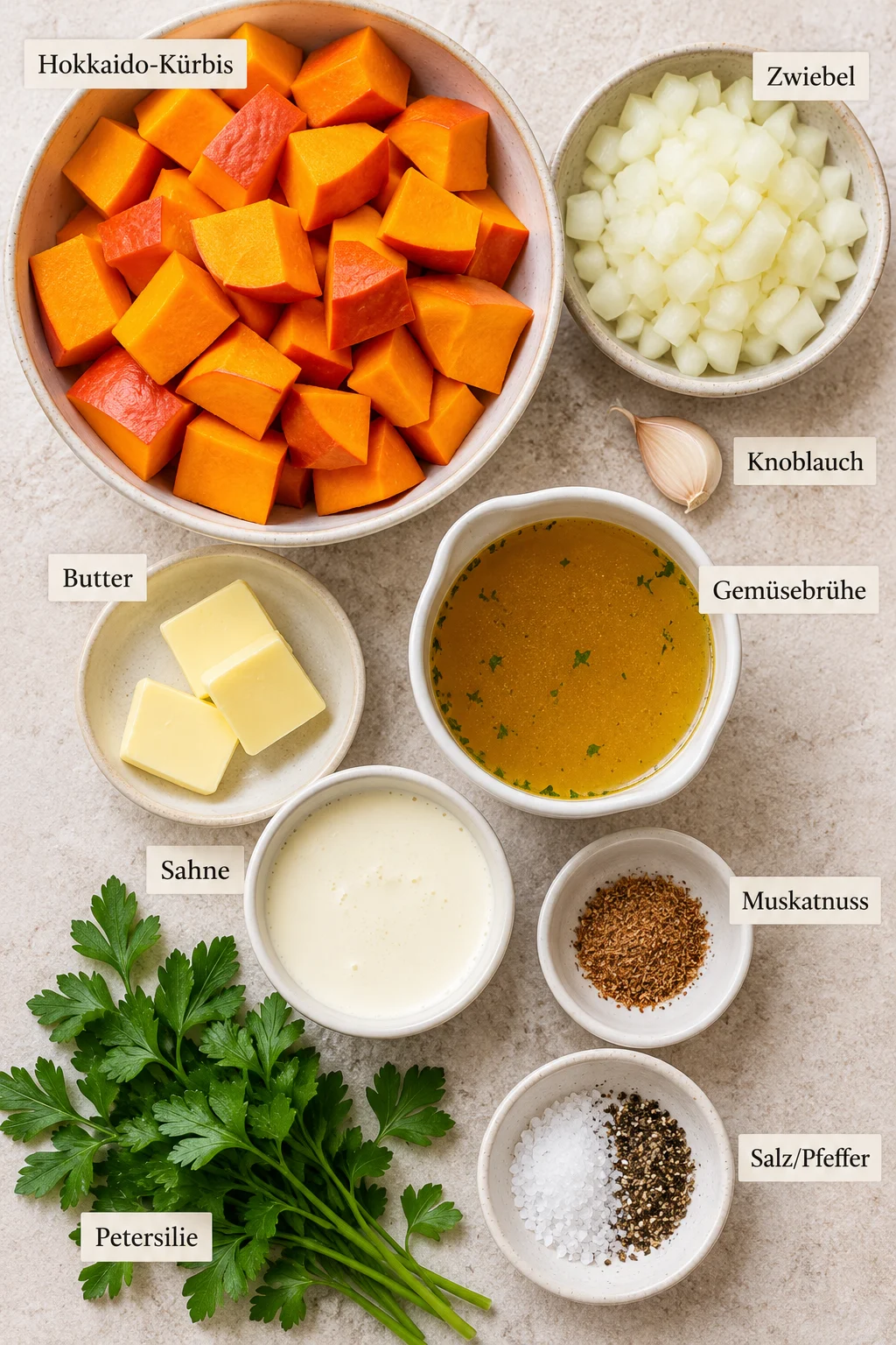 Beschriftete Zutaten für Kürbissuppe aus Hokkaido auf hellem Untergrund