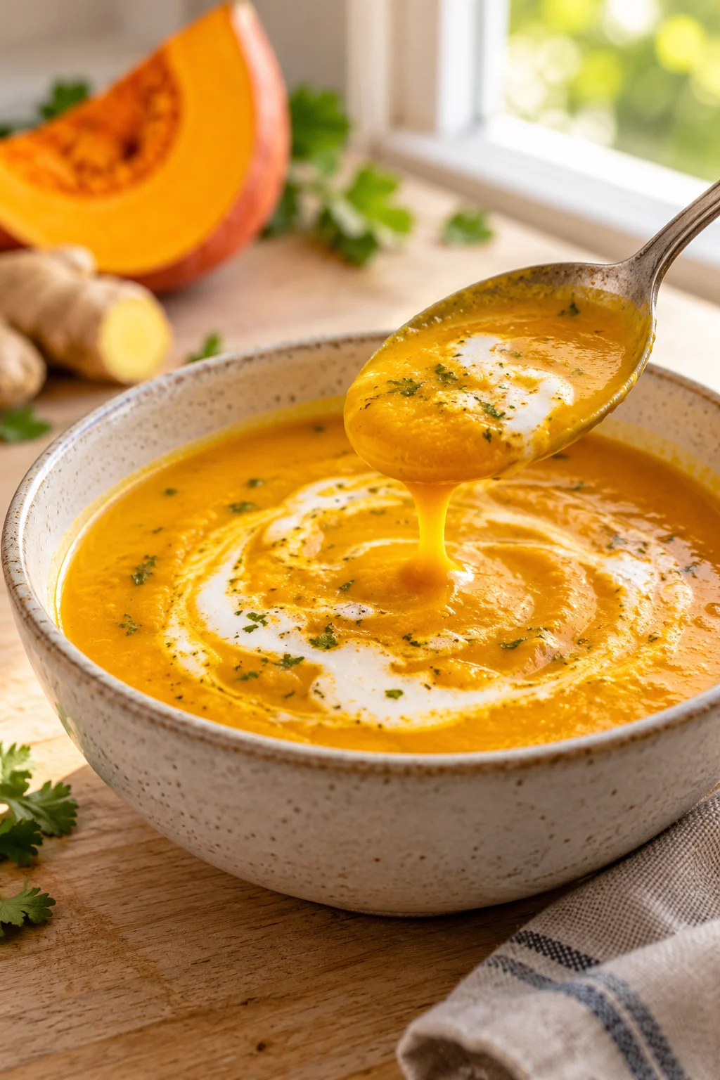 Nahaufnahme von Kürbissuppe mit Kokosmilch und Ingwer beim Servieren