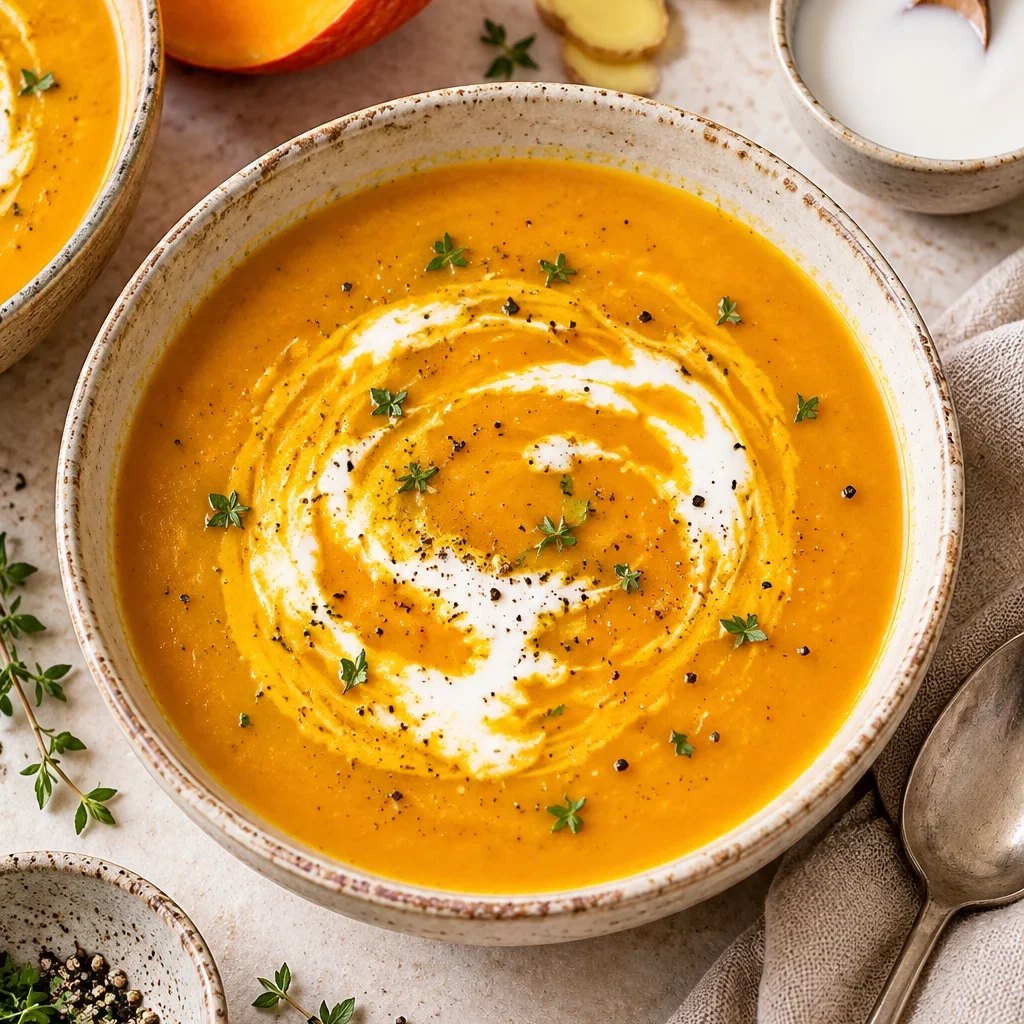 Kürbissuppe mit Kokosmilch und Ingwer in einer Schüssel serviert