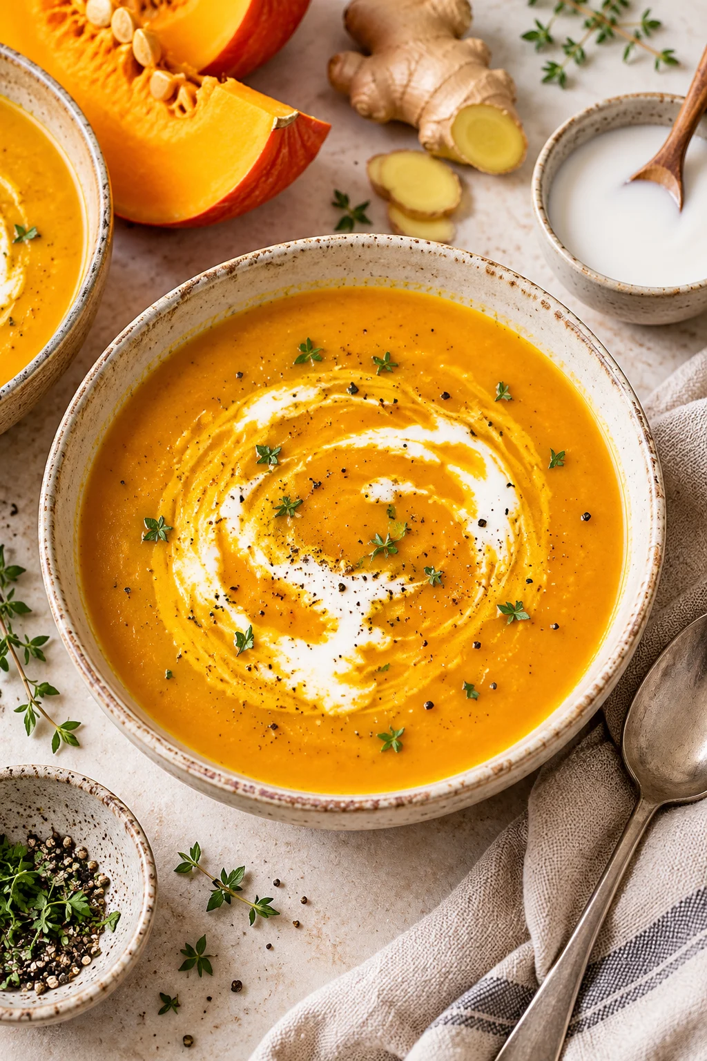 Kürbissuppe mit Kokosmilch und Ingwer in einer Schüssel serviert