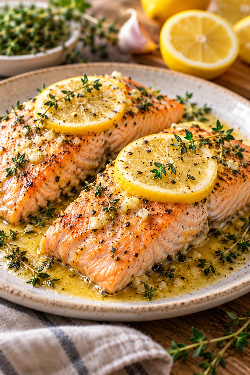 Nahaufnahme von Lachs im Ofen mit Zitrone