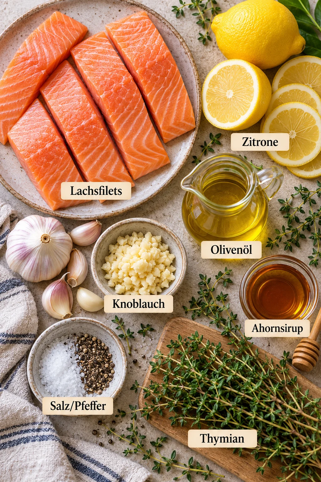 Beschriftete Zutaten für Lachs im Ofen