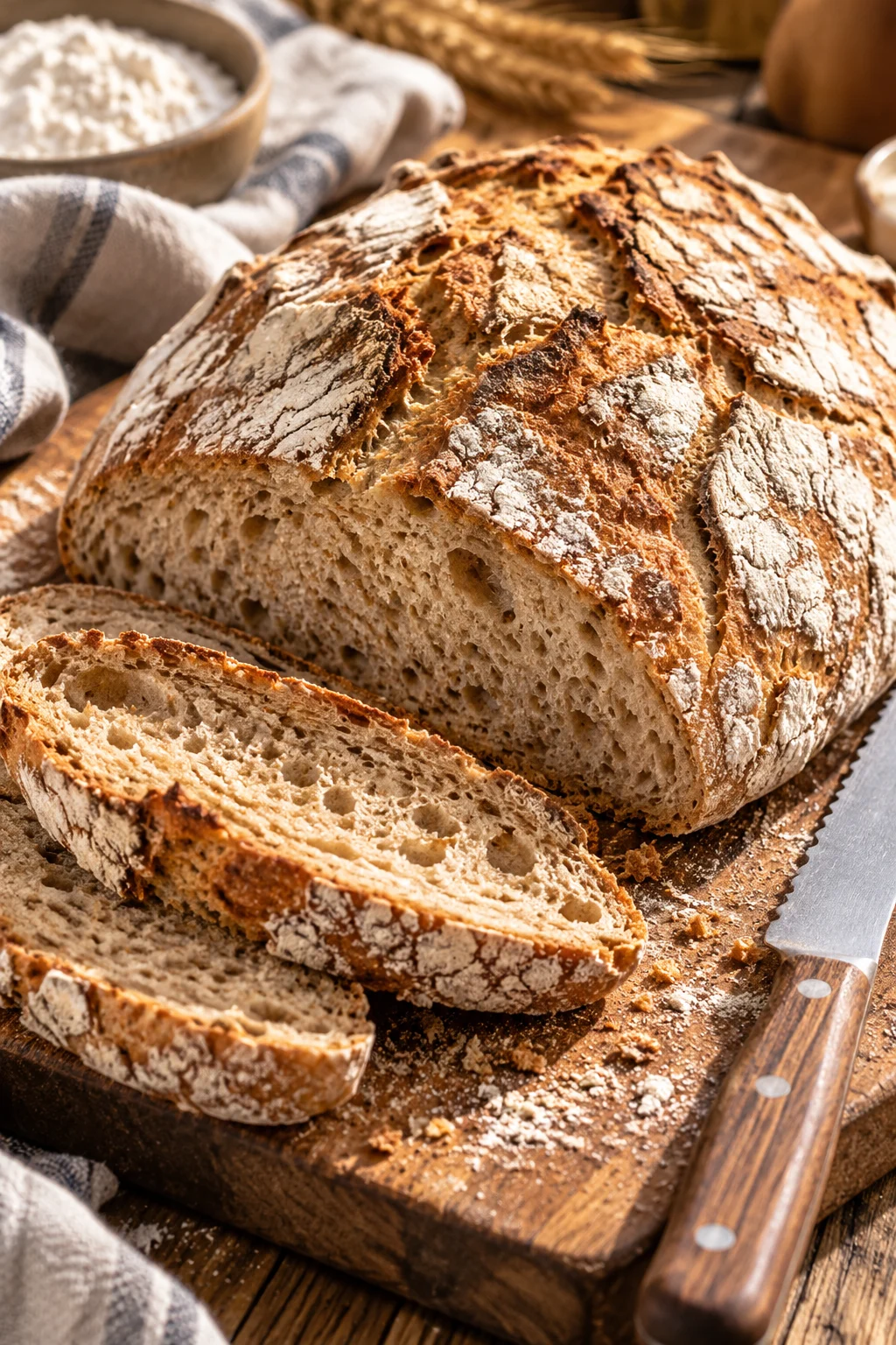 Nahaufnahme von frisch gebackenem Landbrot ohne Kneten.
