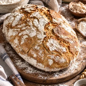 Krustiges Landbrot ohne Kneten auf einem Holztisch.