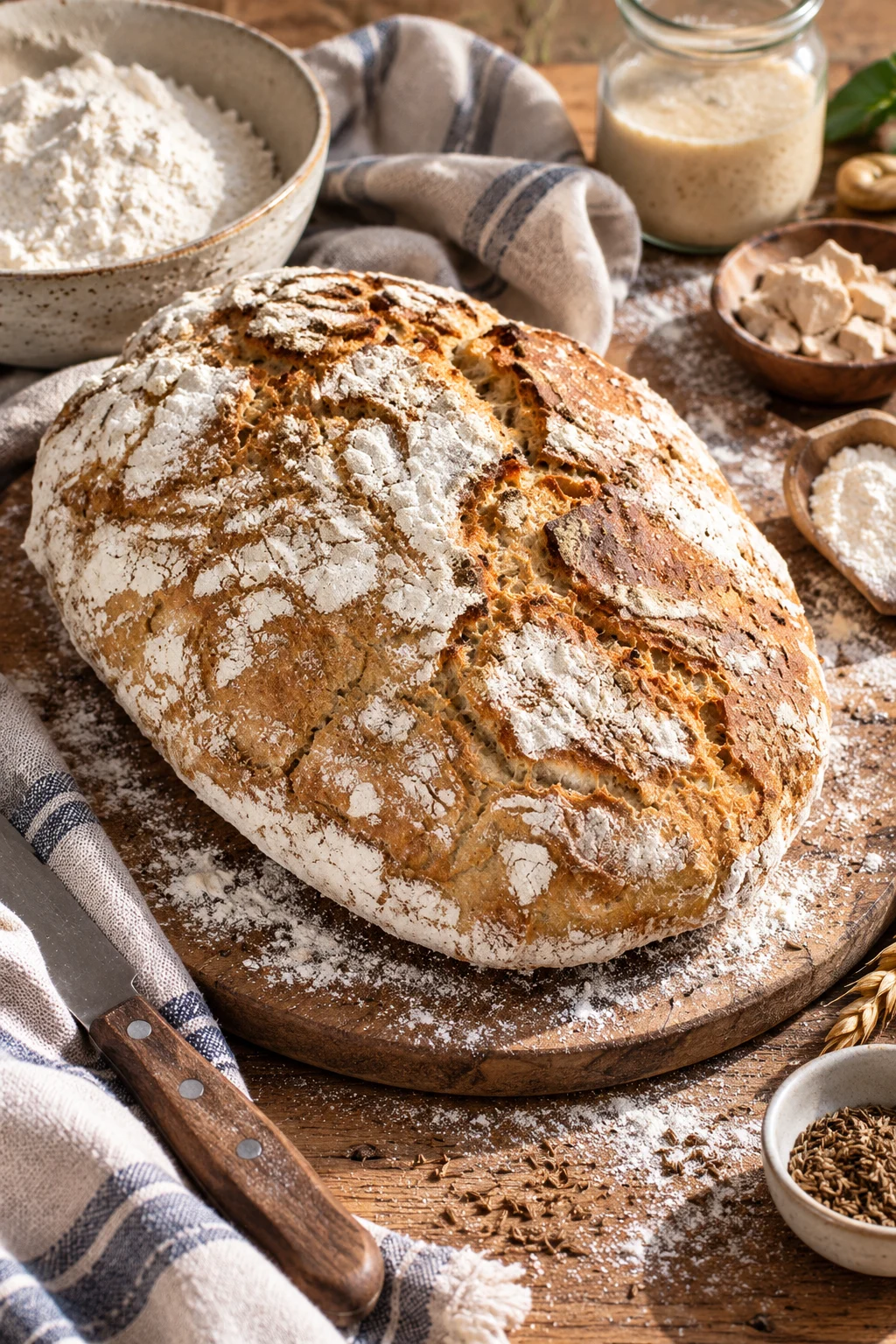 Krustiges Landbrot ohne Kneten auf einem Holztisch.