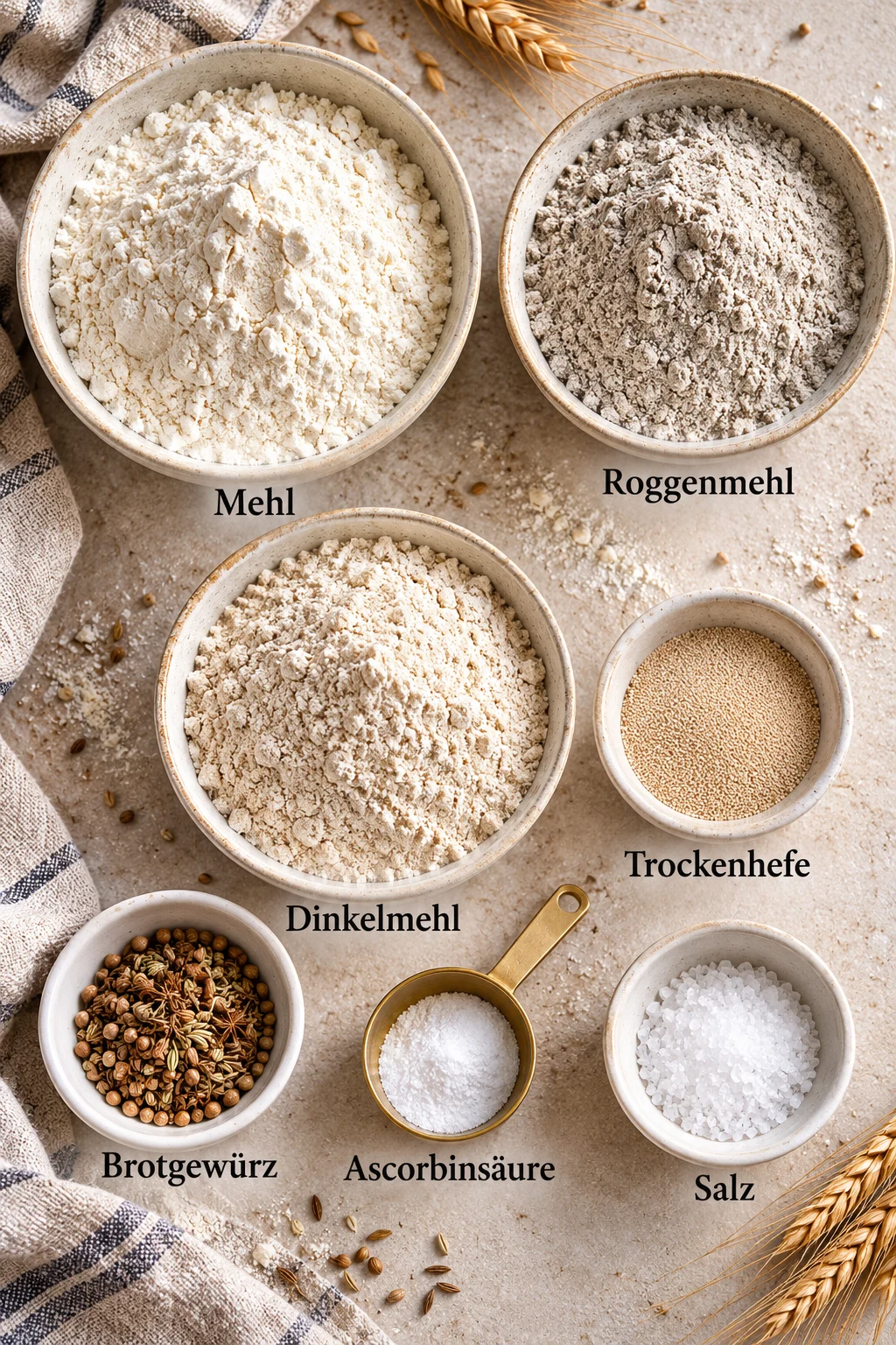 Beschriftete Zutaten für Landbrot ohne Kneten.