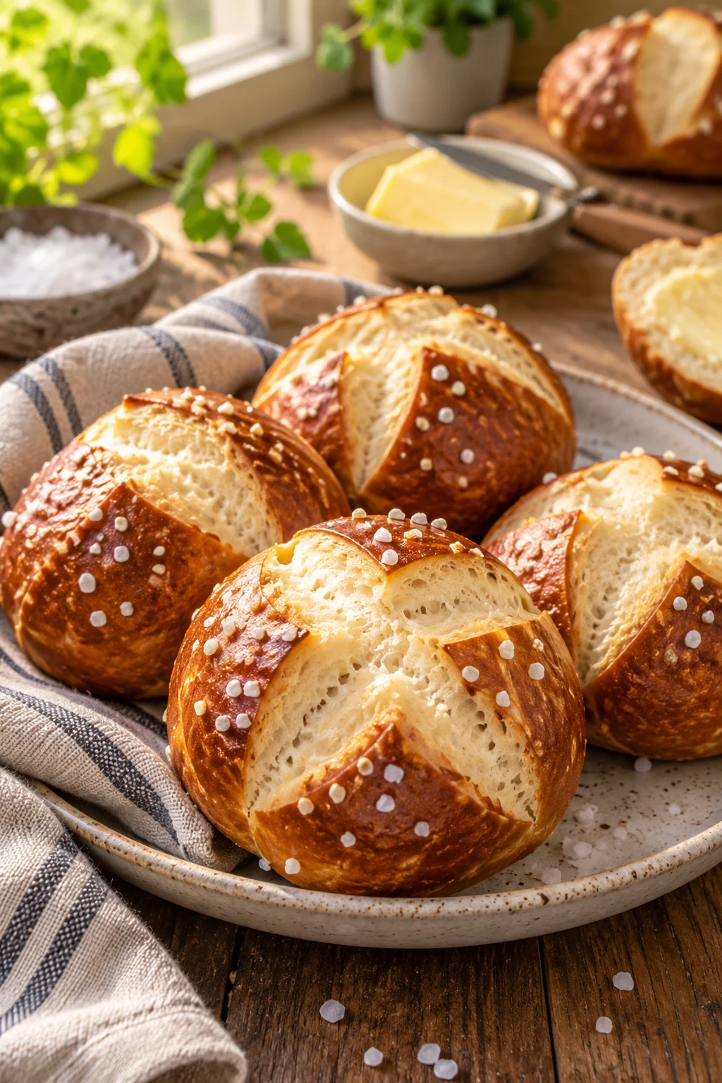 Nahaufnahme von knusprigen Laugenbrötchen mit weichem Inneren auf einem rustikalen Teller
