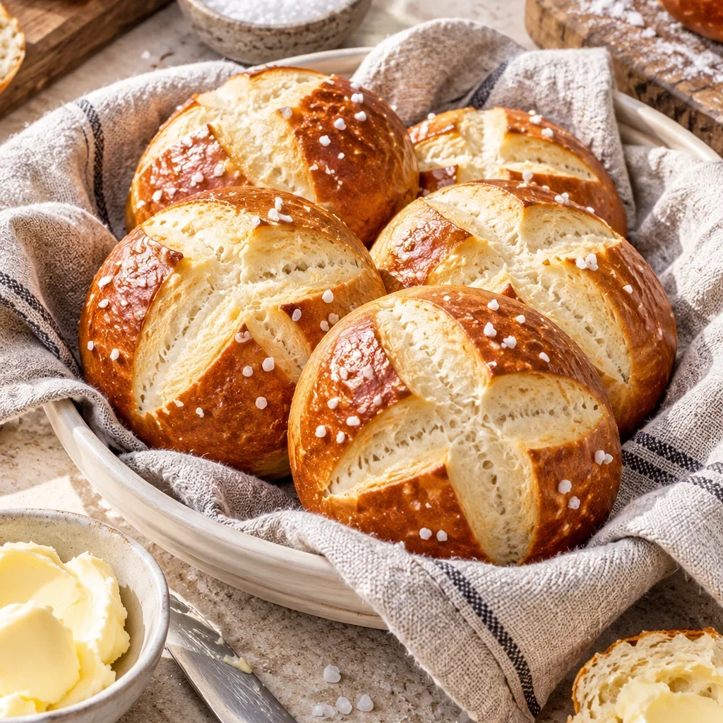 Knusprige Laugenbrötchen frisch gebacken auf einem hellen Untergrund