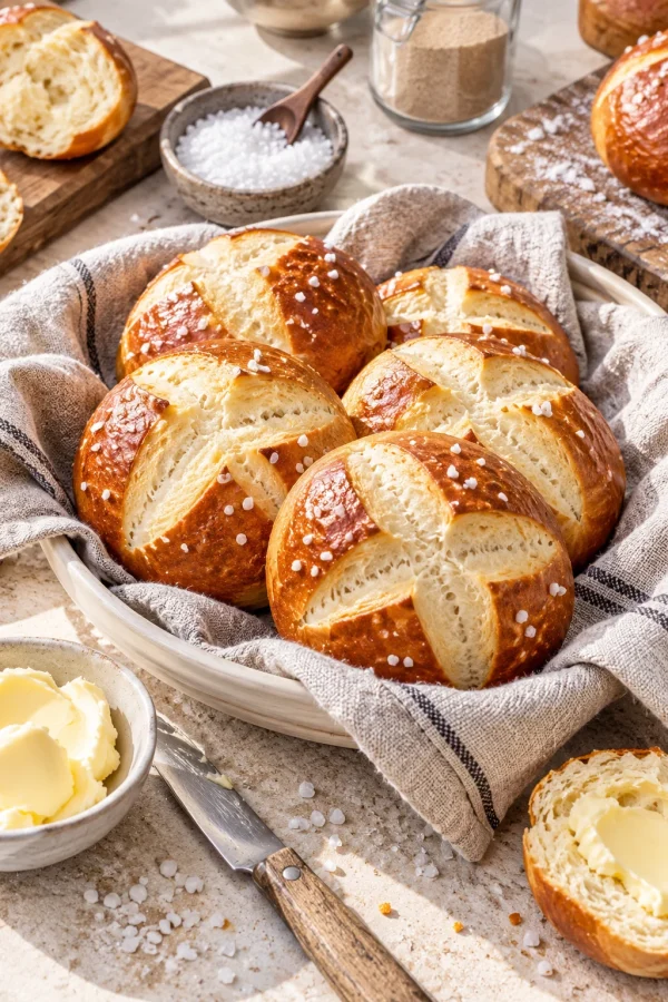 Knusprige Laugenbrötchen frisch gebacken auf einem hellen Untergrund