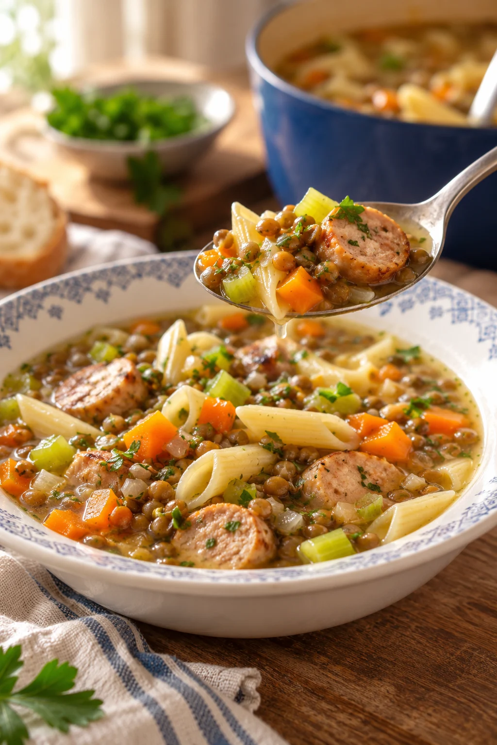Nahaufnahme eines Löffels mit Linseneintopf und Hähnchenwurst