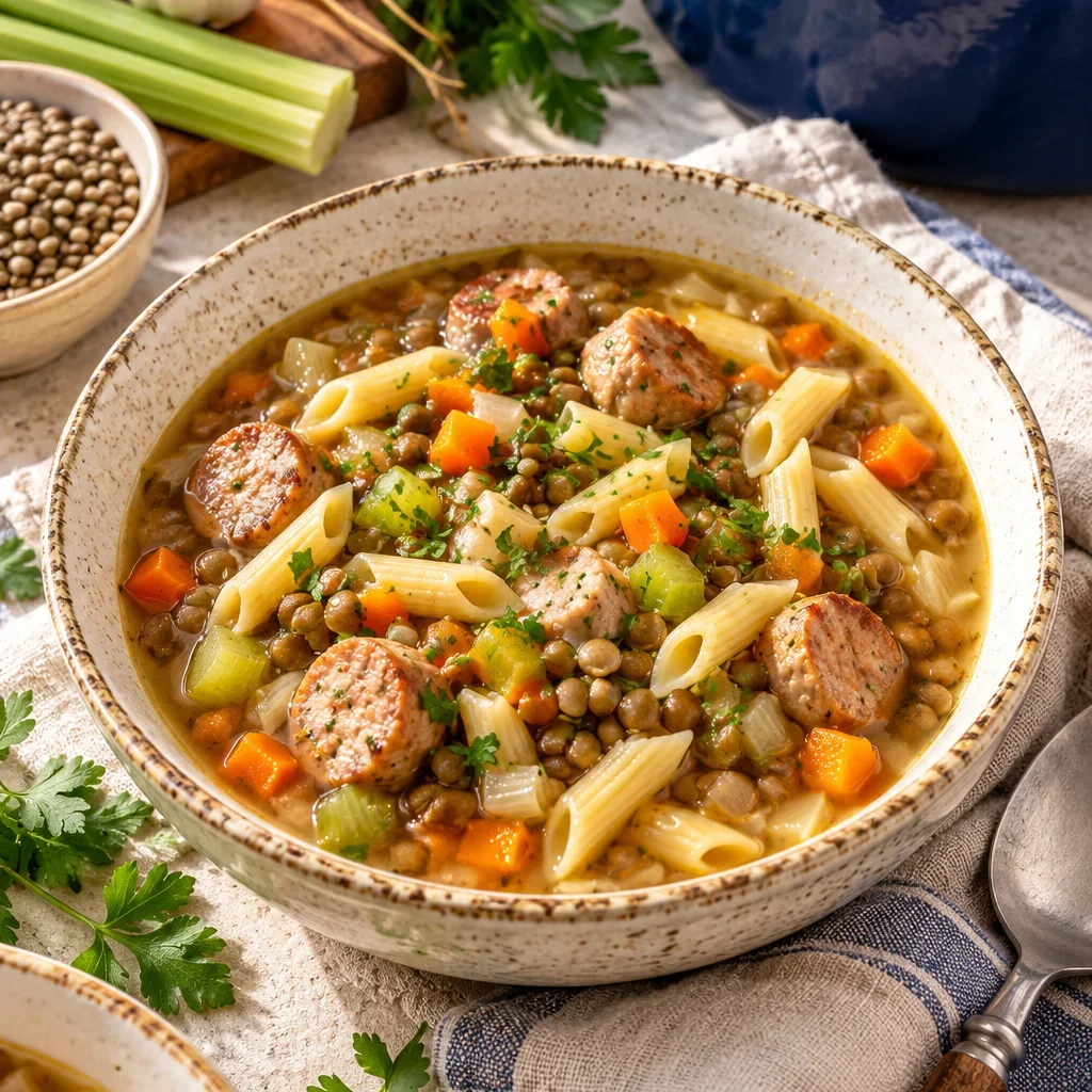 Herzhafter Linseneintopf mit Hähnchenwurst und Nudeln in einer Schüssel