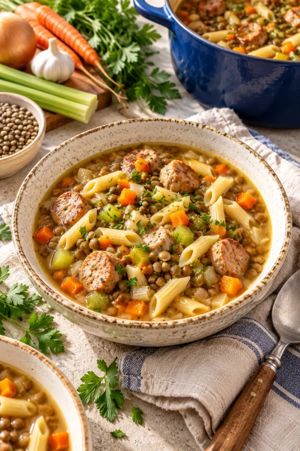 Herzhafter Linseneintopf mit Hähnchenwurst und Nudeln in einer Schüssel