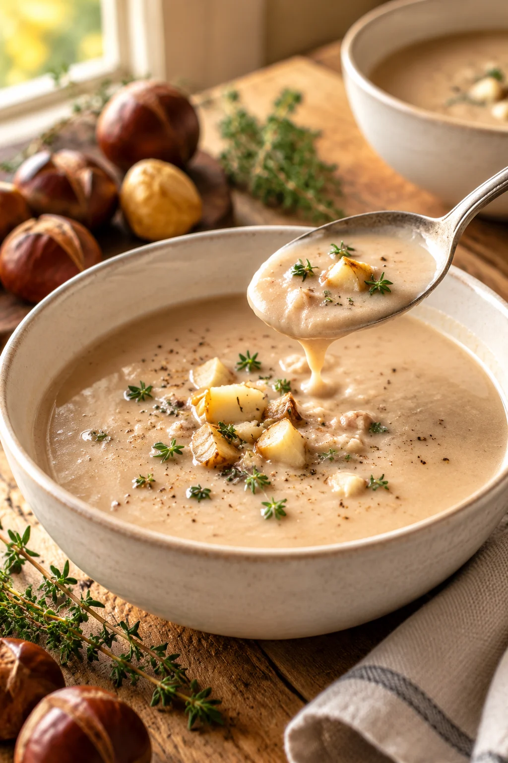 Nahaufnahme einer cremigen Maronensuppe mit frischem Thymian serviert am Küchentisch am Fenster