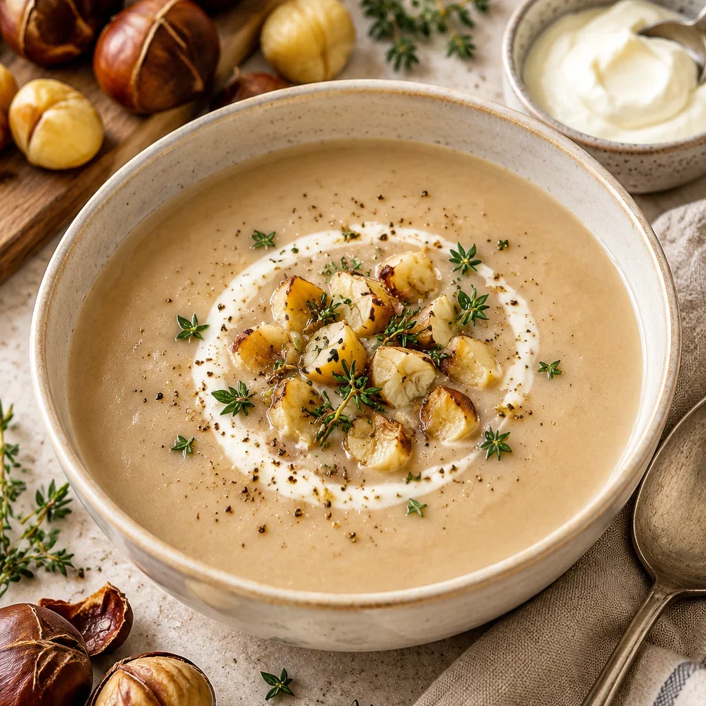 Cremige Maronensuppe in weißer Schale mit frischem Thymian garniert